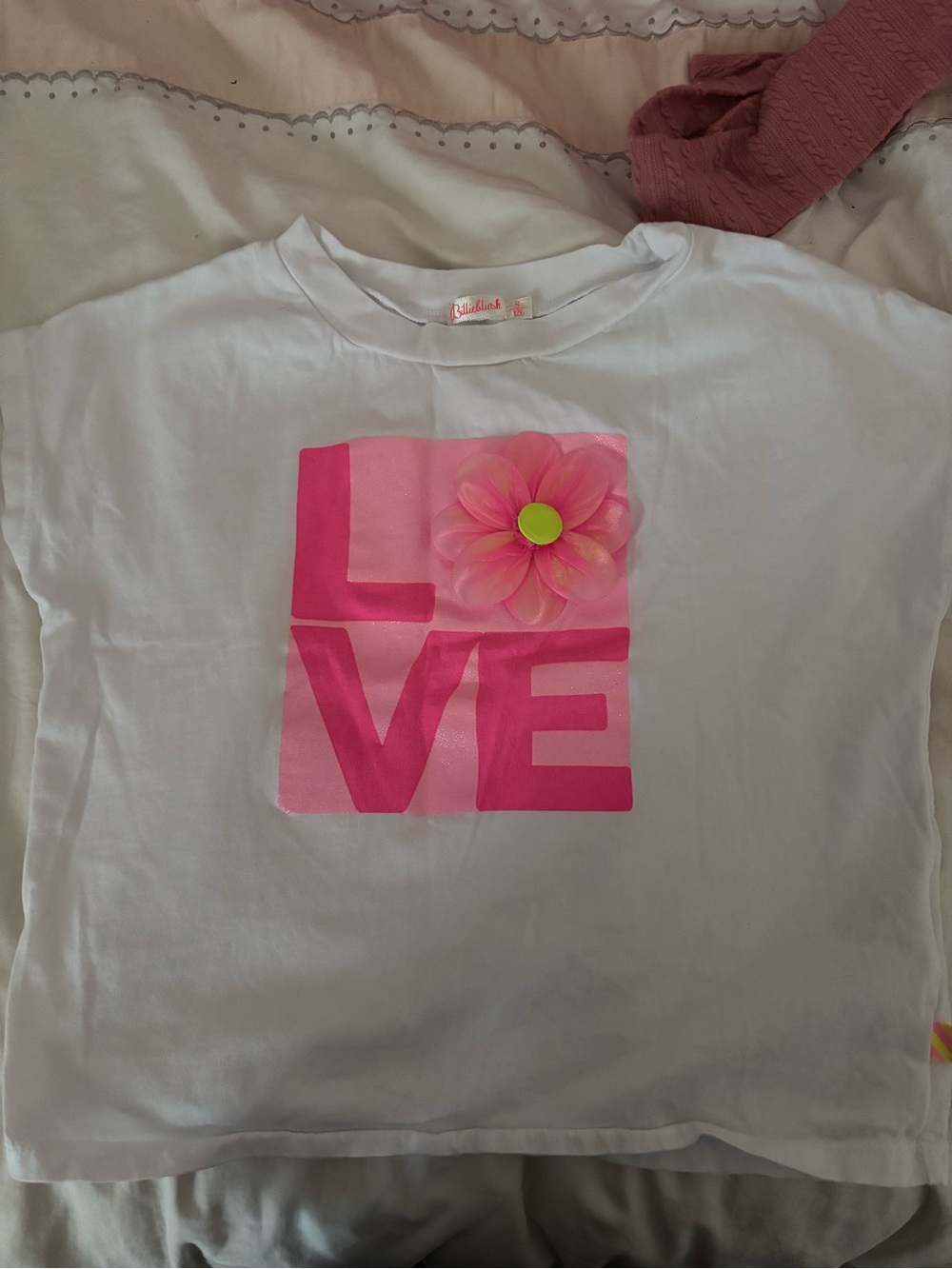 Billieblush White Tee with Pink LOVE Block and Pink Flower